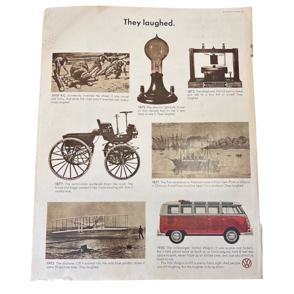 Vtg 1950 Volkswagen Station Wagon Print Advertisement They Laughed Inventions